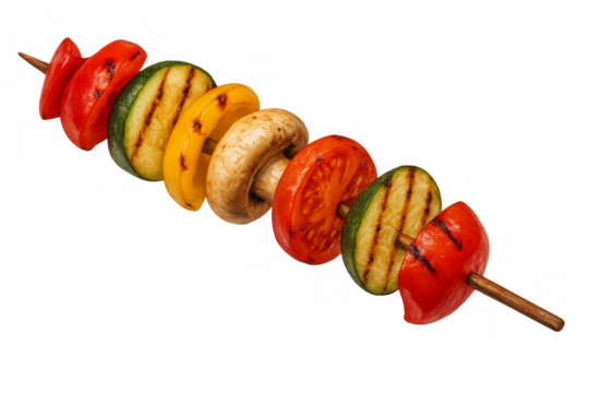 Grilled vegetable skewer with tomato, zucchini, bell pepper, and mushroom on transparent background