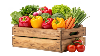 Fresh healthy vegetables in wooden crate isolated on transparent background