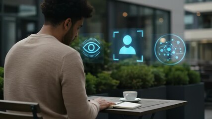 Futuristic technology meets daily life as a young Middle Eastern man uses an augmented reality hologram interface for AI-powered biometric identity and security. - Powered by Adobe