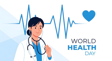 International healthcare awareness concept with a female doctor and a cardiogram heartbeat line. Vector illustration for medical promotion and wellness.
