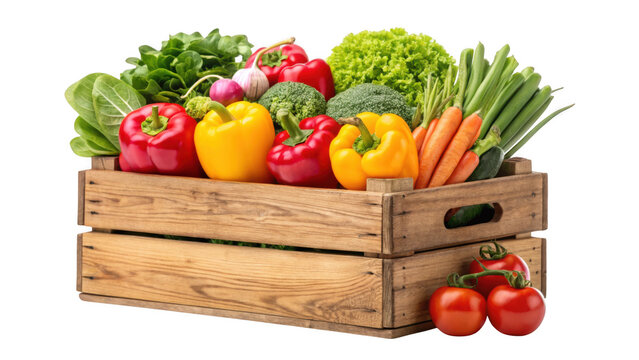 Fresh healthy vegetables in wooden crate isolated on transparent background