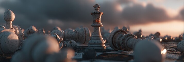Chess queen amidst fallen pieces at sunset