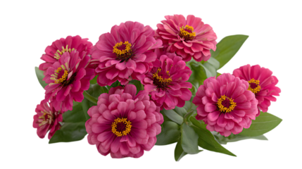A lush cluster of bright pink zinnia flowers with yellow centers, surrounded by fresh green foliage against a clean white backdrop. The image should highlight the vibrant colors.