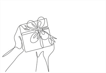 Single continuous line drawing man's hands holding kraft gift box tied with ribbon. Top view, holiday concept. Birthday greeting cards design. Hand drawn one line vector. Editable stroke