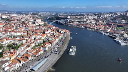 Fototapeta premium Porto Skyline In Porto Portugal. Birds Eye View Of Stunning Cityscape With Streets And Buildings. Business Sky Background Downtown Cityscape. Outdoor Downtown Panning Wide. Porto Portugal.