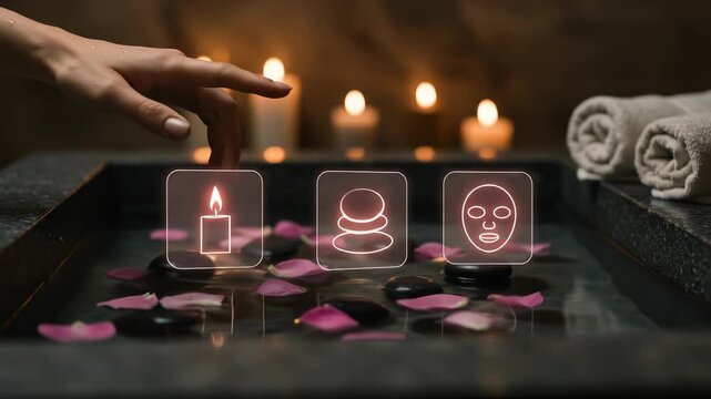 Futuristic spa concept where a woman chooses a relaxing wellness treatment from a holographic digital interface with glowing icons for a candle, hot stones, and facial therapy.
