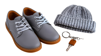 Gray casual shoes with beanie hat and leather keychain, cool weather setup, white background,