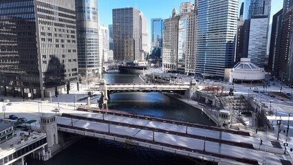 Chicago Riverwalk In Chicago Illinois United States. Birds Eye View Of Stunning Cityscape With Streets And Buildings. Metropolitan Skyline Panoramic City View Stunning.