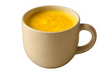 Golden milk turmeric latte in beige mug with transparent background