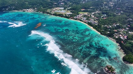 Anse Royale Beach In Mahe Island Victoria Seychelles. Aerial View Of Stunning Beach With Crystal Clear Waters. Shore Clouds Sky Beach Sea. Seaside Panorama. Mahe Island Victoria.