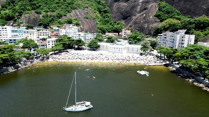 Urca Beach In Urca Rio De Janeiro Brazil. Aerial View Of Stunning Beach With Crystal Clear Waters....