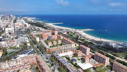 Barceloneta Beach In Barcelona Catalonia Spain. Aerial View Of Stunning Beach With Crystal Clear Waters. Industry Skyline Commercial Building Awesome. Commercial Building Architecture Business.