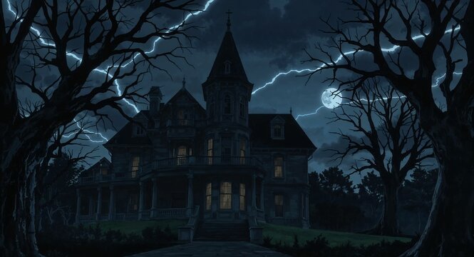 Spooky Victorian Haunted Mansion Lit by Lightning and Full Moon on a Dark Stormy Night