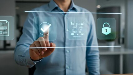 Verification and cybersecurity concept where a businessman authenticates digital data by touching a secure technology interface, confirming approval and electronic document validation. - Powered by Adobe