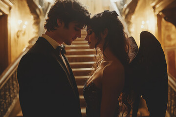 Couple standing next to staircase in hallway.
