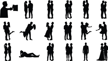 Silhouettes of romantic couples in various poses, love, relationship moments, kissing, hugging, standing, dancing, perfect for Vale.eps