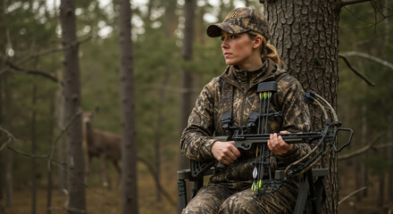 Female hunter sitting in tree stand and waiting in dense forest  