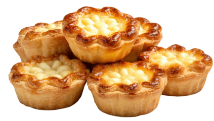 Stack of small, individual pastries.  Golden-brown, flaky pastry cups filled with a creamy, pale yellow filling dotted with white flecks.  Rounded, scalloped edges.  Stacked in a casual grouping