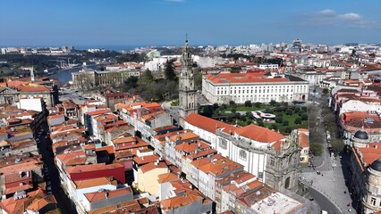 Clerigos Church In Porto Portugal. Aerial View Of Church Building Dominating The Skyline. Business Clouds Sky Downtown Cityscape. Backgrounds Panoramic. Porto Portugal.
