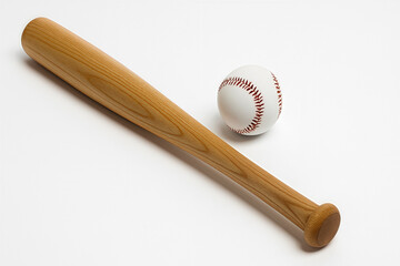 A wooden baseball bat and a white baseball with red stitching placed on a plain white background. Clean and minimal sports equipment composition.