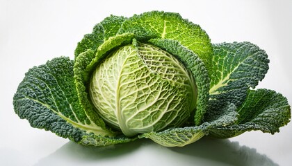 Obraz premium close up of fresh savoy cabbage leaves isolated on white healthy eating organic produce nutrient rich vegetable