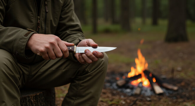 Man sharpening knife while sitting by campfire in forest   - Powered by Adobe