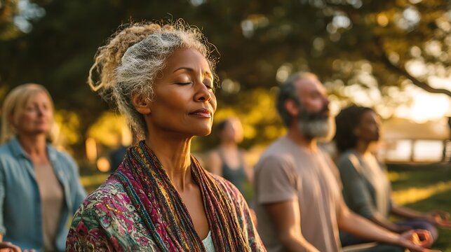An outdoor mindfulness class in a green community space, people meditating or doing light yoga, peaceful expressions, diversity in age and background, surrounded by trees and nature, calm sunny 