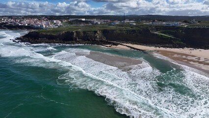 Big Beach In Sintra Lisbon District Portugal. Breathtaking Aerial View Of A Lush Tropical Coastline Scenery. Shore Clouds Sky Beach Sea. Shore Travel. Sintra Lisbon District.