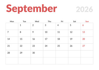 Monthly page Calendar Planner Template design of September 2026. Vector layout of calendar with week start Monday for Scheduling. Page for size A4 or 21x29.7 cm