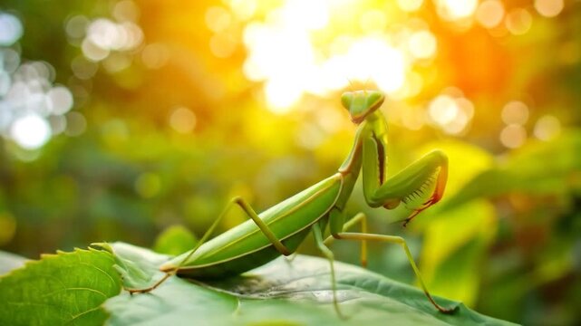 Praying Mantis on Leaf in Golden Light: A Macro View of Nature's Hunter