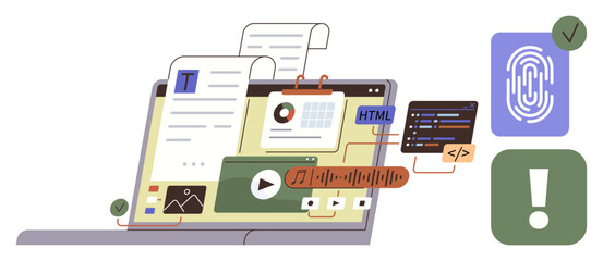 Laptop screen featuring documents, graphs, code, multimedia files, fingerprint authentication, and notifications. Ideal for web development, security, content creation analytics education data