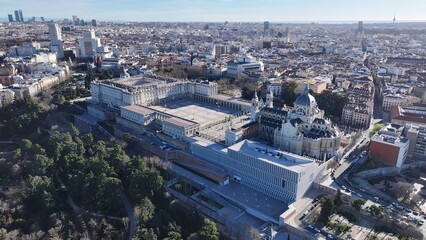 Royal Palace In Madrid Spain. Aerial View Of Landmark Medieval Building In Downtown Scene. Town Sky Clouds Backgrounds Urban. Town Panorama. Madrid Spain.
