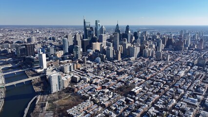 Philadelphia Skyline In Philadelphia Pennsylvania United States. City Skyline Showing Modern And Traditional Architecture. Business Sky Background Downtown Cityscape. Outdoor Downtown Panning Wide.