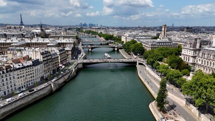 Paris Skyline In Paris France Island France. Aerial Landscape Of Famous Tourism Landmarks In France...