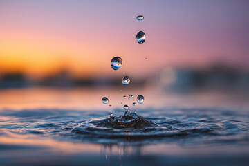 Stunning macro photography captures a column of crystal clear water droplets suspended in mid-air over a tranquil surface, with a gorgeous pastel sunset sky reflecting.