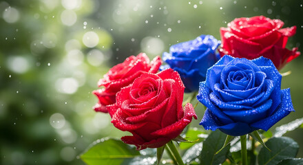 Vibrant Red and Blue Roses with Dew Drops in Sunlit Garden 