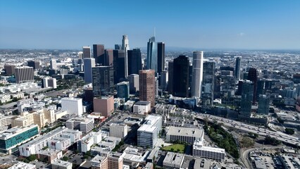 Highrise Buildings In Los Angeles California United States. Aerial View Of A Bustling Downtown...