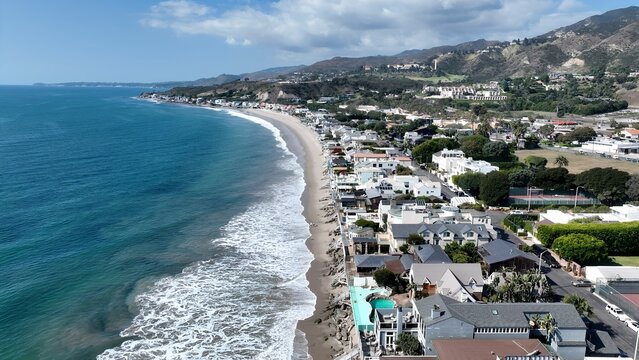 Malibu In Los Angeles California United States. Breathtaking Aerial View Of A Lush Tropical Coastline Scenery. Shore Clouds Sky Beach Sea. Shore Beach Scenic Coastline. Los Angeles California.