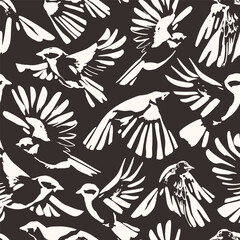 Abstract flying birds on simple background. Freedom concept. Grunge drawing of pigeons, doves, tit seamless pattern. Bird silhouettes art. Vector illustration for minimal textile fabric print design