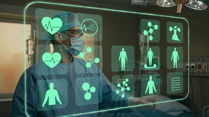 Futuristic medical technology shows a surgeon using an innovative augmented reality hologram interface for advanced healthcare diagnostics in a hospital. - Powered by Adobe