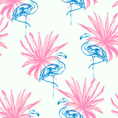 Hand drawn tropical leaves and flamingo birds background. Abstract palm leaf, pink flamingo seamless pattern. Summer vector illustration for art paper, fabric design, swimwear, wallpaper