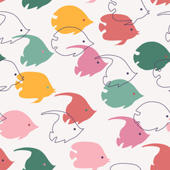 Abstract colorful fish seamless pattern. Tropical fish schools swimming background. Marine life concept cartoon style. Vector illustration in silhouettes and line art for summer fabric design