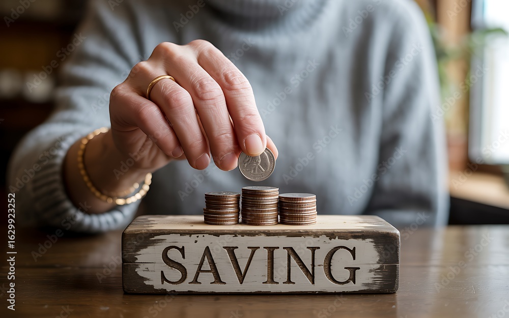 Poster hand placing coin on stack above saving block money
