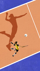 Digital collage of female volleyball player in mid-air serve with strong shadow on court. Concept of self-belief, sport empowerment, motivation in training, and youth identity through action.