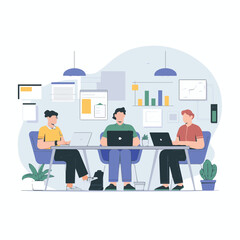 Three people working on laptops at a table with charts and plants in the background in an office space