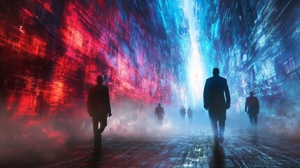 A Vibrant Futuristic Passage with Humans Walking through a Colorful Technological Gateway Concept