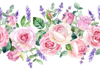 Watercolor Seamless Floral Border with Roses, Lavender and Eucalyptus, Hand Drawn