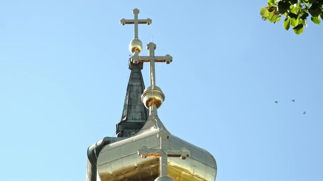 orthodox church crosses on a sunny day 