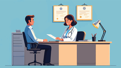 Doctor and patient discuss medical results during a clinic consultation. Vector illustration.