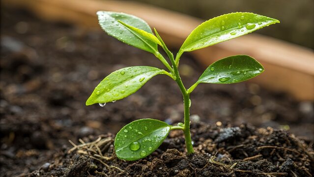 A close-up of a lemon tree seedling, its first two leaves a vibrant, glossy green. The young stem is slightly curved, and the rich, moist soil contrasts with the fresh growth